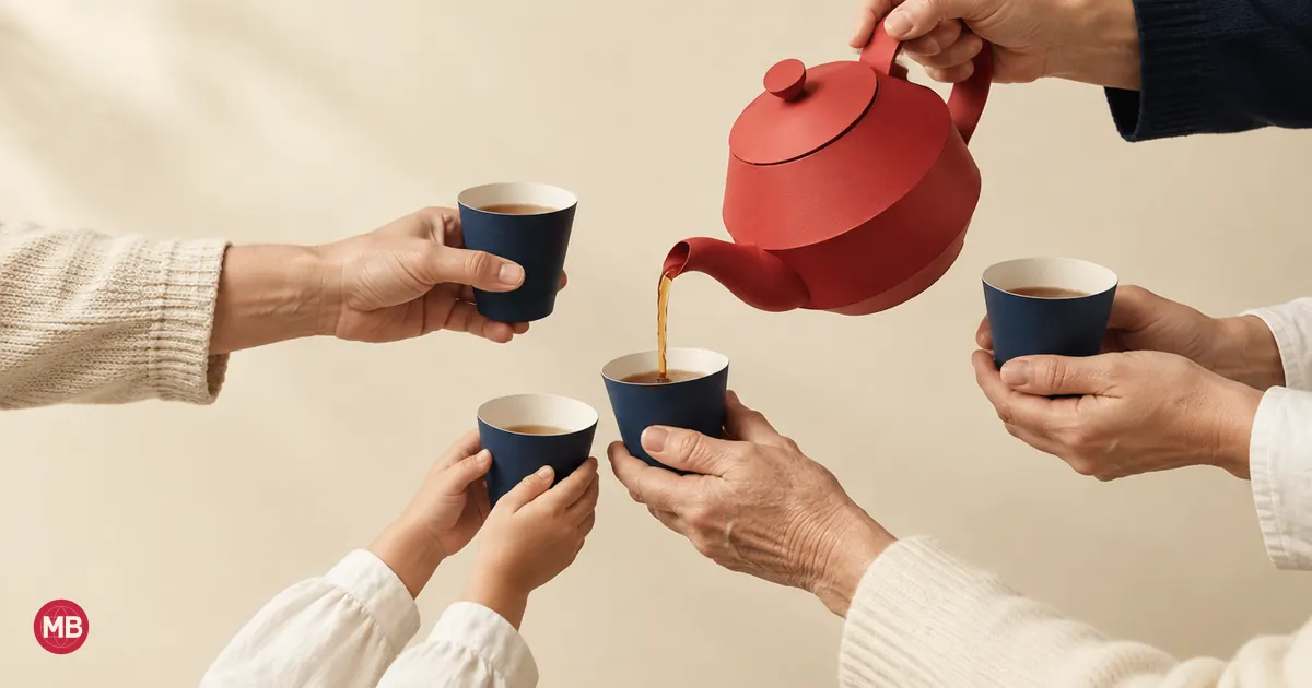 Plusieurs mains tiennent des tasses bleu marine servies par une même théière rouge