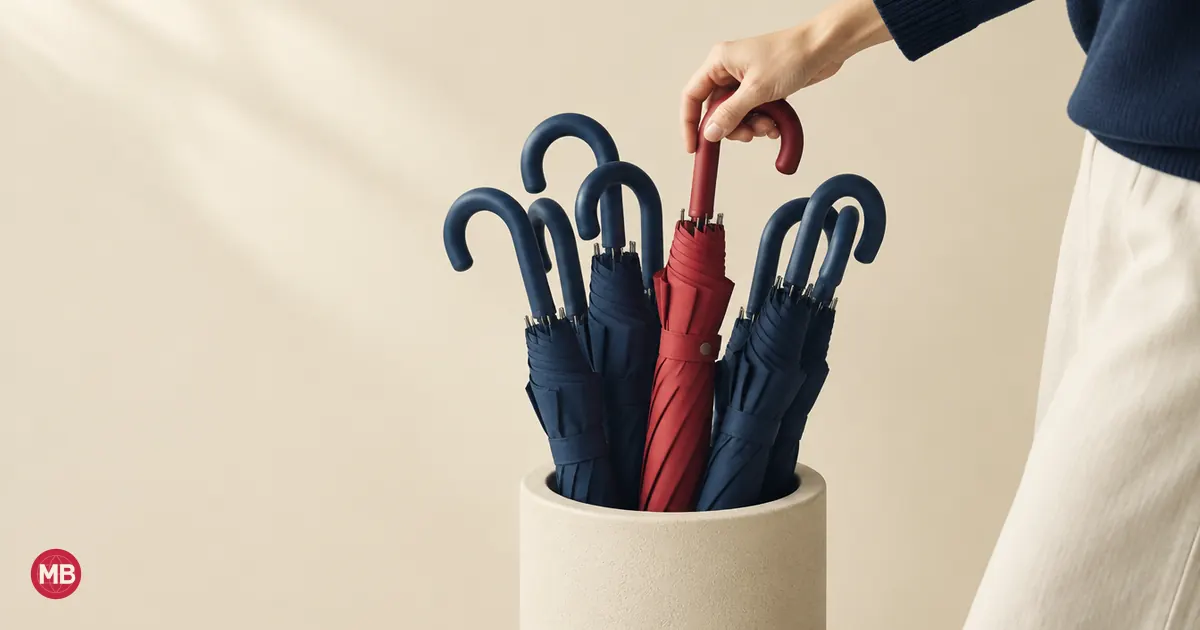 Une main prend le parapluie à poignée rouge dans un porte-parapluies bleu marine