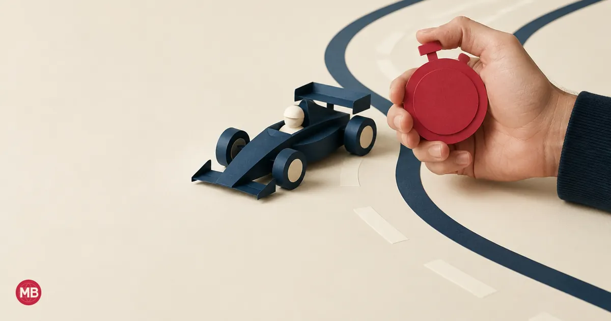 Une main tient un chronomètre rouge à côté d’une voiture de course en papier bleu marine