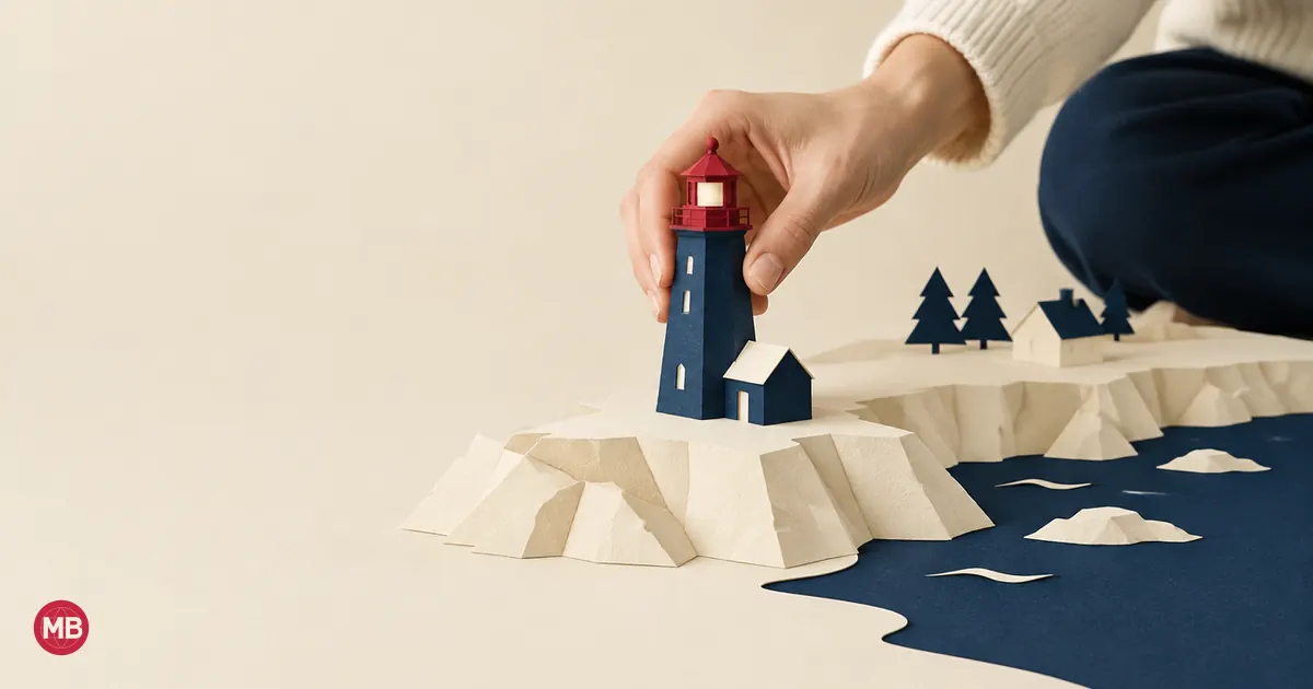 Une main pose un phare en papier bleu marine à la lanterne rouge sur une côte
