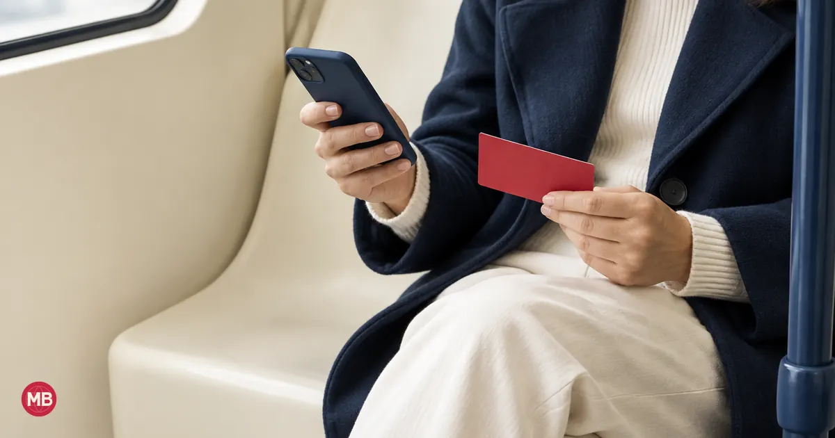 Une personne assise dans un tram en papier tient un téléphone bleu marine et un ticket rouge