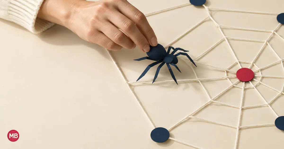Une main guide une araignée en papier bleu marine sur une toile vers un nœud rouge