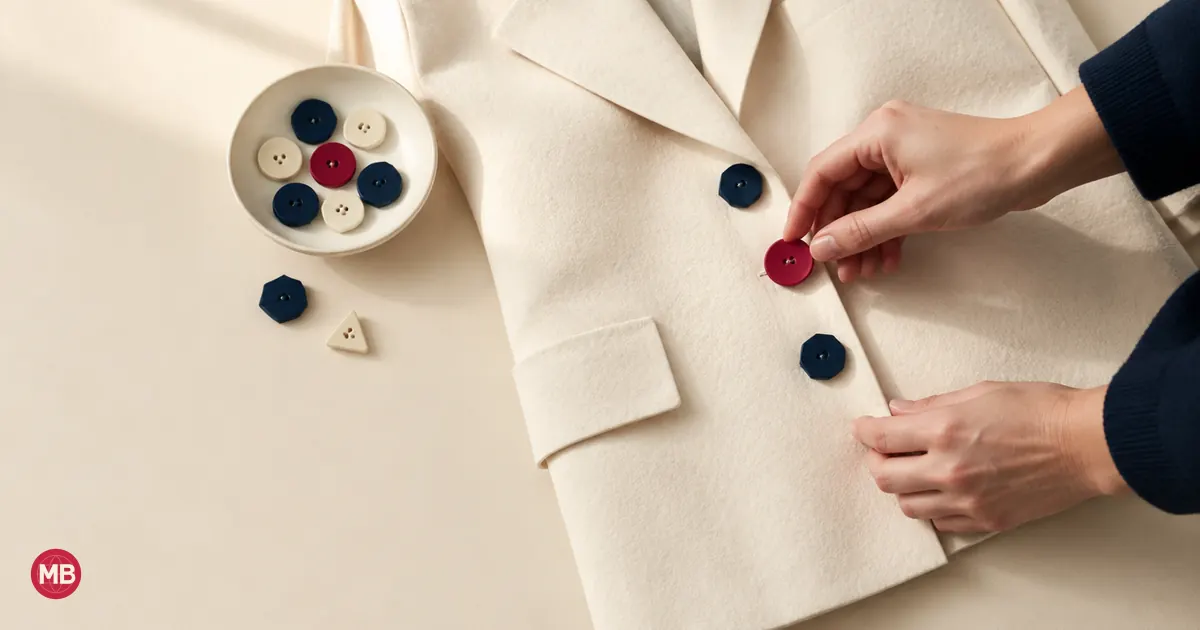 Une main remplace les boutons d’une veste en papier, l’un des nouveaux rouge