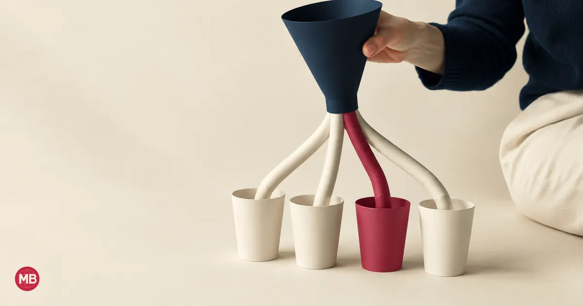 Una mano une un embudo con cuatro vasos mediante tubos de papel, uno rojo