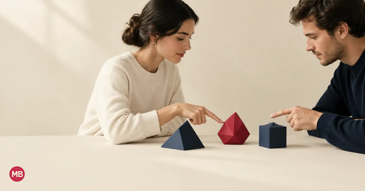 Dos personas de perfil, frente a frente, señalan objetos sobre una mesa, el del centro rojo