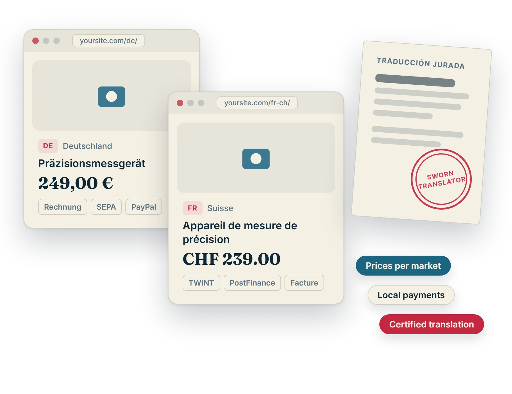 One product page in Germany and Switzerland with local prices and payment methods, beside a stamped sworn translation