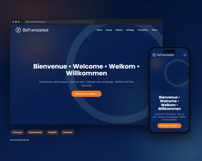 The BeTranslated site for Belgium, betranslated.be, on desktop and mobile