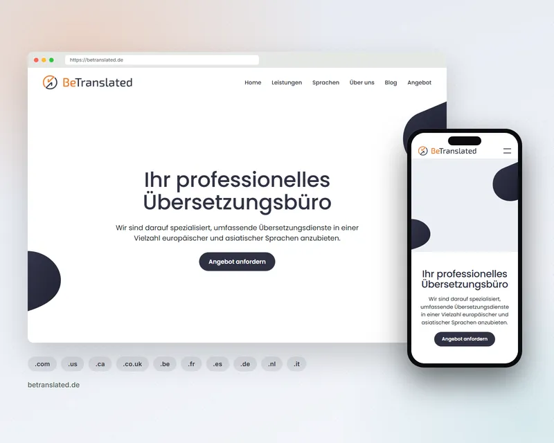 The BeTranslated site for Germany, betranslated.de, on desktop and mobile