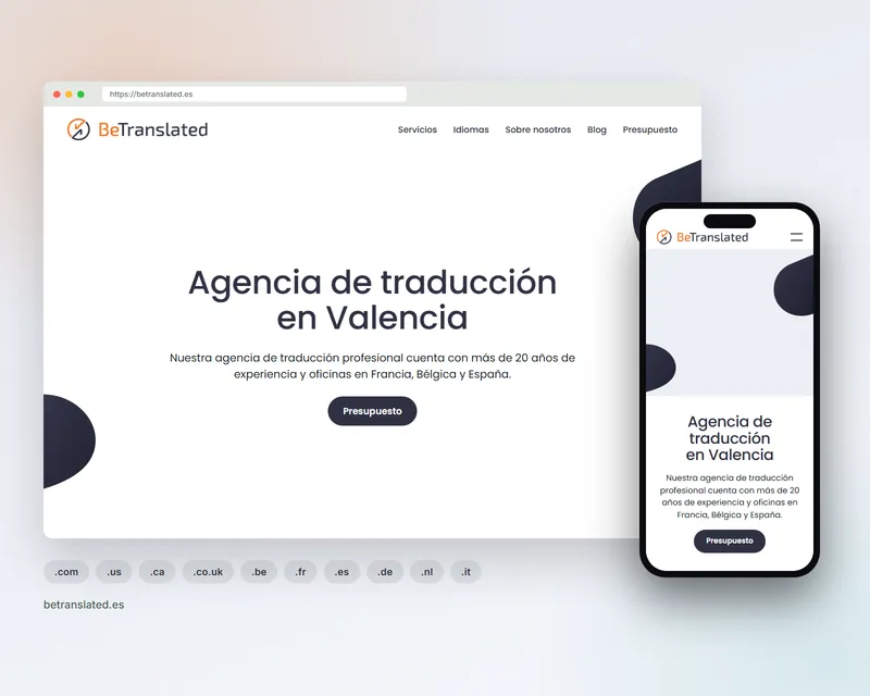 The BeTranslated site for Spain, betranslated.es, on desktop and mobile