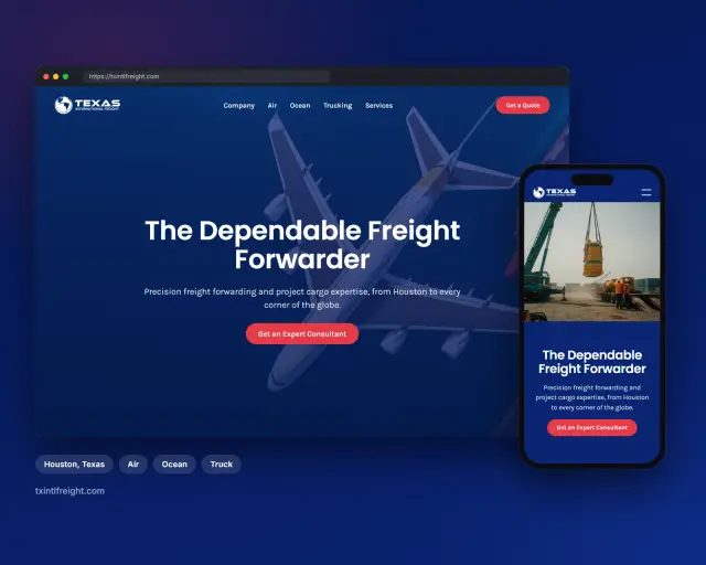 The TX International Freight website on desktop and mobile