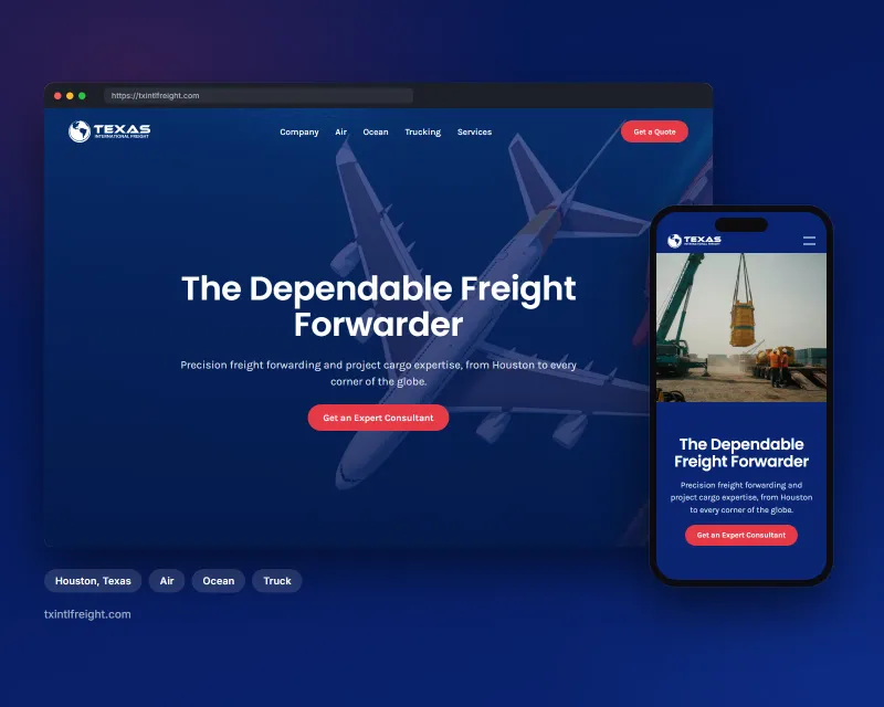 The TX International Freight website on desktop and mobile