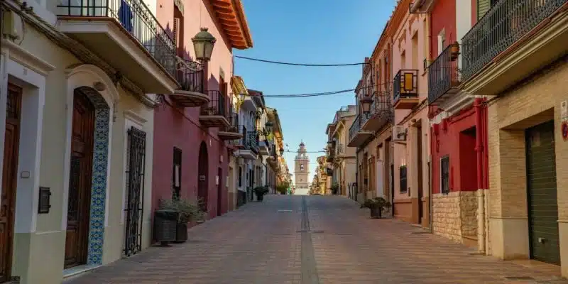 Street view of burjassot with the church of san miguel in the background