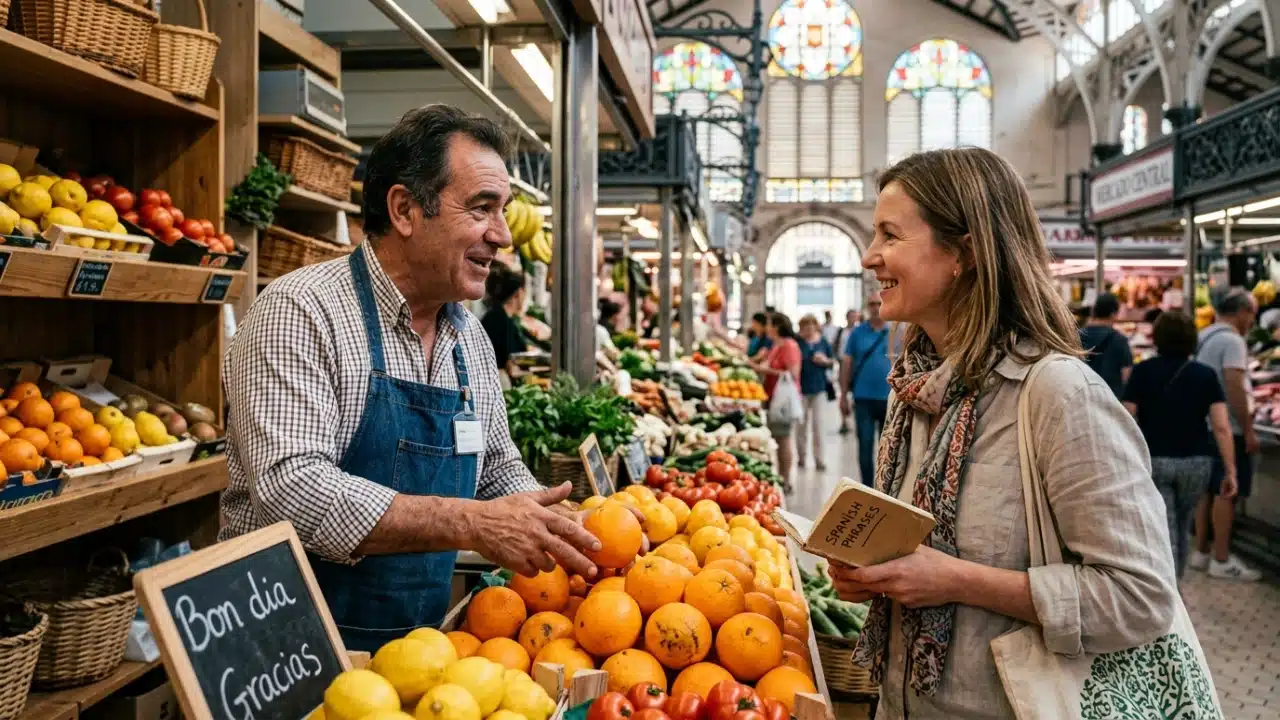 Learning basic Spanish phrases for Valencia: A visitor practicing essential greetings with a local vendor at the Mercado Central.