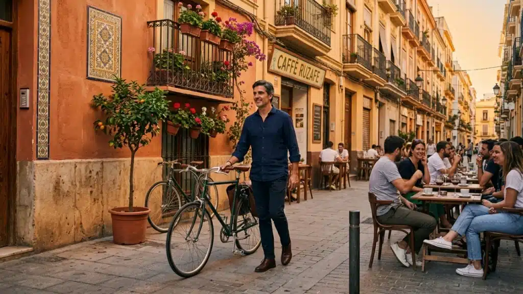 Profesional digital integrando el estilo de vida urbano y la conectividad internacional en el barrio de ruzafa, valencia, como base estratégica para el trabajo en remoto en 2026.