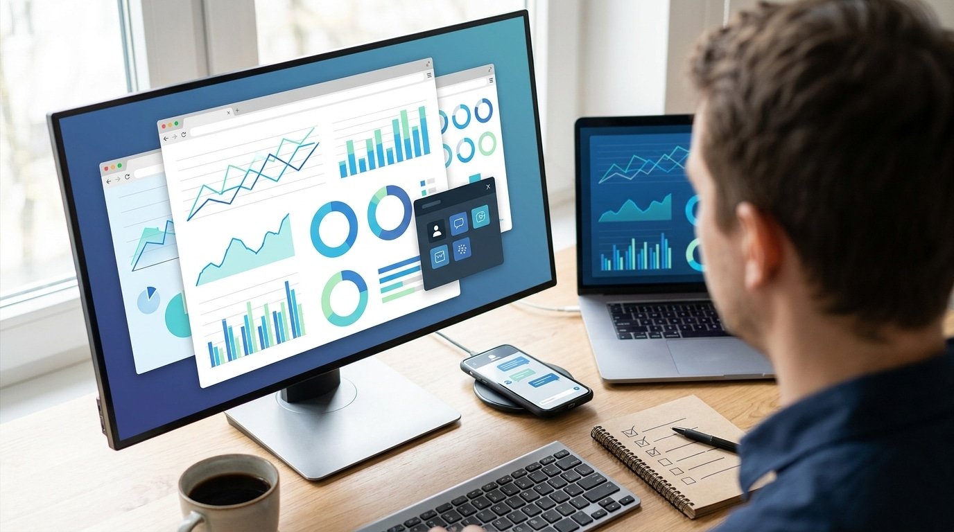 Seo strategist working across a laptop and monitor showing free traffic-analytics dashboards, a browser extension and an ai chat assistant during a competitor audit