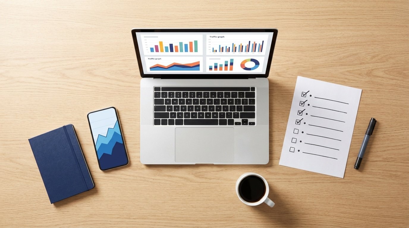 A competitor analysis checklist beside analytics dashboards on a strategist's desk